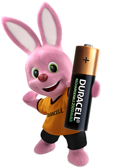 Duracell Bunny holding Rechargeable AA 2500mAh battery